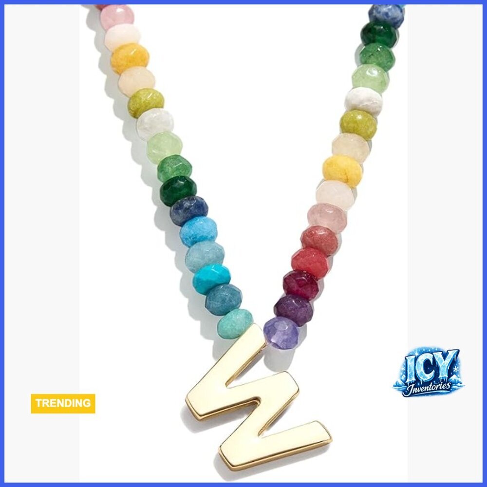 Gold Plated Brass Block Initial Necklace with Semi-Precious Stones